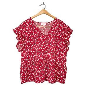 Studio B by Bobeau Red Floral Print‎ Boxy Flutter Sleeve Button Front Top XL